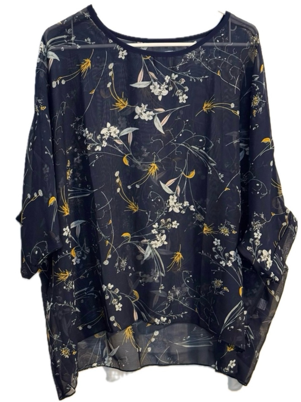 Sheer Navy Blue Floral Chiffon Batwing Blouse Top